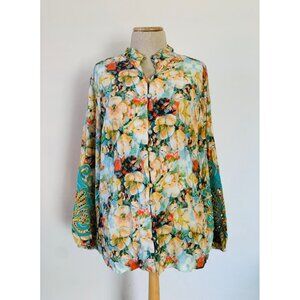 Soft Surroundings Large Floral Patterned Long Sleeve Blouse With Mandarin Collar